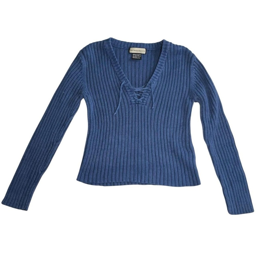 2000s blue ribbed lace up sweater